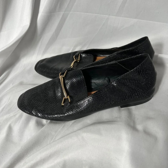 Zara Black Snakeskin Faux Leather Loafers Size 36 Gold Buckle - Picture 2 of 8
